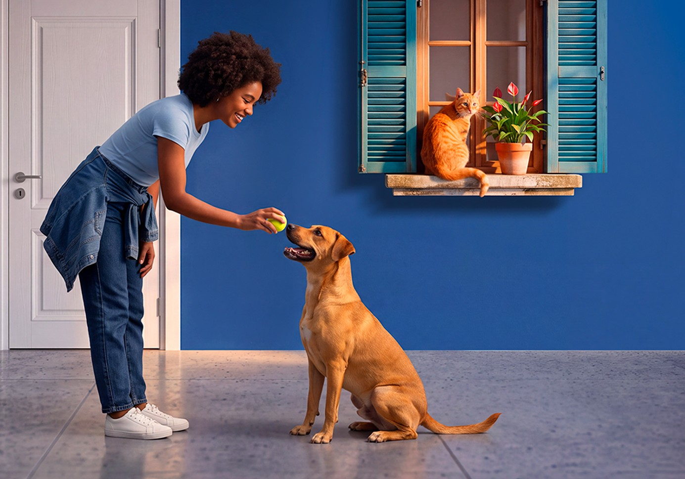 Mulher brincando com cachorro em ambiente azul
